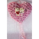 Pink Imported Roses Plush Heart with Cute Love Couple Teddy Bears